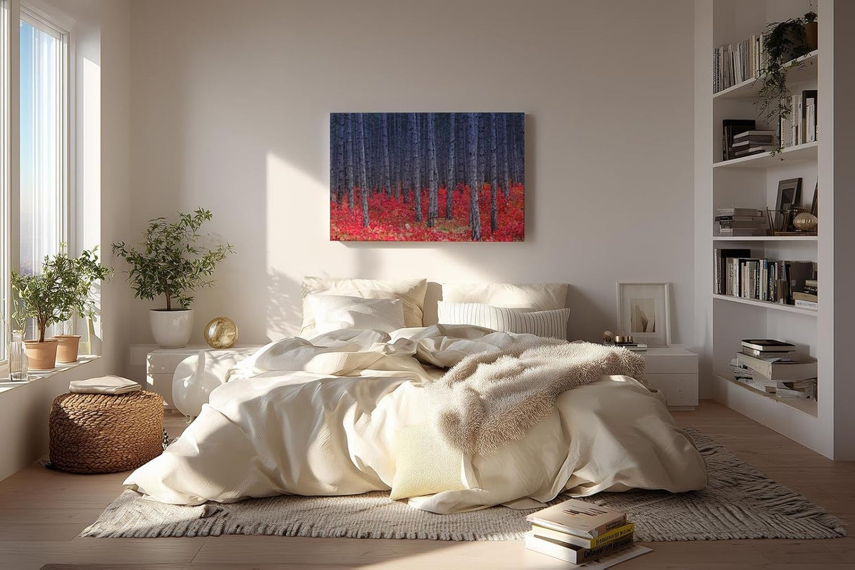 Sinus Art Wandbild 120x80cm Kontrastreiches Bild mit blau-grauen Baumstämmen und leuchtend rotem Waldboden