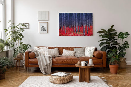 Sinus Art Wandbild 120x80cm Kontrastreiches Bild mit blau-grauen Baumstämmen und leuchtend rotem Waldboden