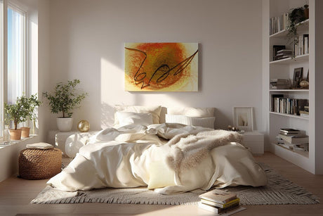 Sinus Art Wandbild 120x80cm Kreisförmige Strukturen in Orange und Gelb mit zentraler schwungvoller schwarzer Linie