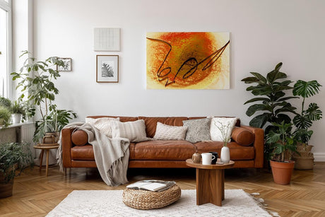 Sinus Art Wandbild 120x80cm Kreisförmige Strukturen in Orange und Gelb mit zentraler schwungvoller schwarzer Linie