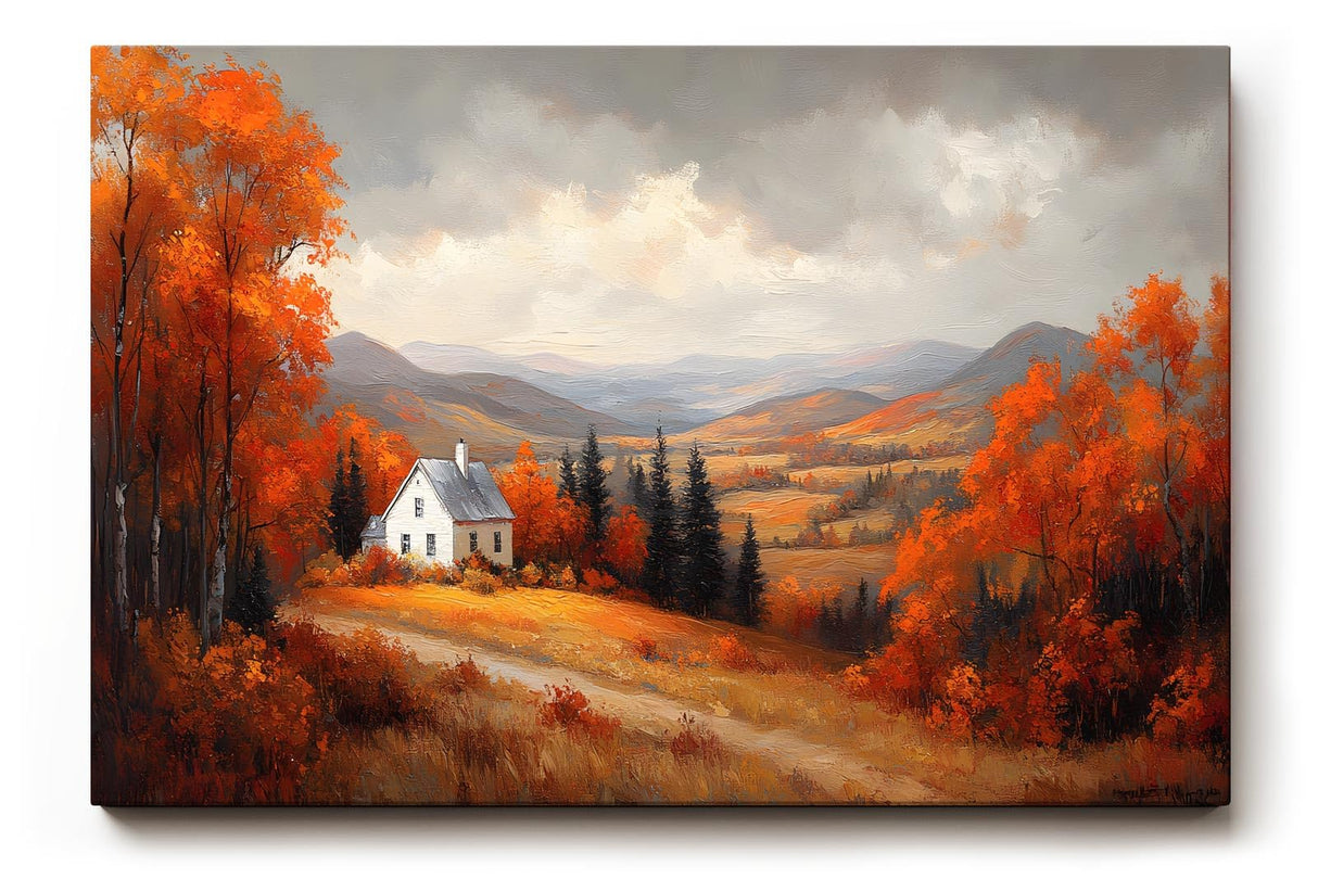 Sinus Art Wandbild 120x80cm Malerisches Motiv mit Hügeln, buntem Laub, weißem Haus und weitem Blick in herbstlicher Stimmung