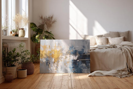 Sinus Art Wandbild 120x80cm Markante abstrakte Farbflächen in Blau, Gold und Weiß erzeugen Tiefe und Ausdruckskraft im Raum