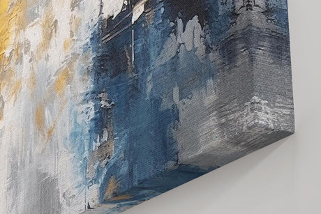 Sinus Art Wandbild 120x80cm Markante abstrakte Farbflächen in Blau, Gold und Weiß erzeugen Tiefe und Ausdruckskraft im Raum