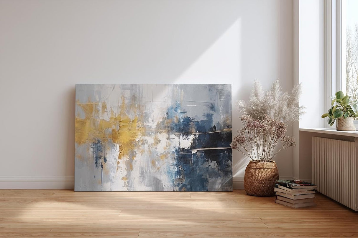 Sinus Art Wandbild 120x80cm Markante abstrakte Farbflächen in Blau, Gold und Weiß erzeugen Tiefe und Ausdruckskraft im Raum