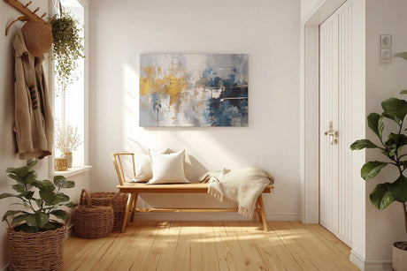 Sinus Art Wandbild 120x80cm Markante abstrakte Farbflächen in Blau, Gold und Weiß erzeugen Tiefe und Ausdruckskraft im Raum