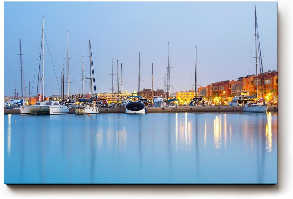 Sinus Art Wandbild 120x80cm Mediterraner Jachthafen bei Abendstimmung – reflektierend, maritim und entspannend