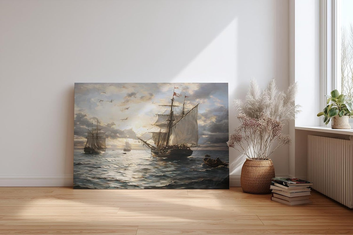 Sinus Art Wandbild 120x80cm Romantische Seeszene mit alten Segelschiffen, Möwen und Abendstimmung auf ruhiger Wasserfläche