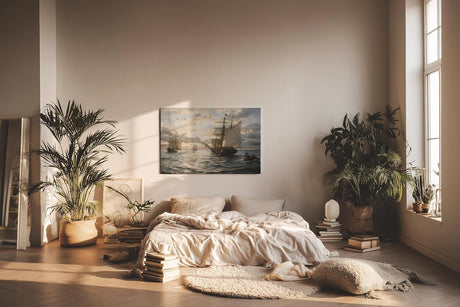 Sinus Art Wandbild 120x80cm Romantische Seeszene mit alten Segelschiffen, Möwen und Abendstimmung auf ruhiger Wasserfläche
