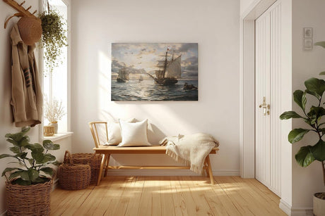 Sinus Art Wandbild 120x80cm Romantische Seeszene mit alten Segelschiffen, Möwen und Abendstimmung auf ruhiger Wasserfläche