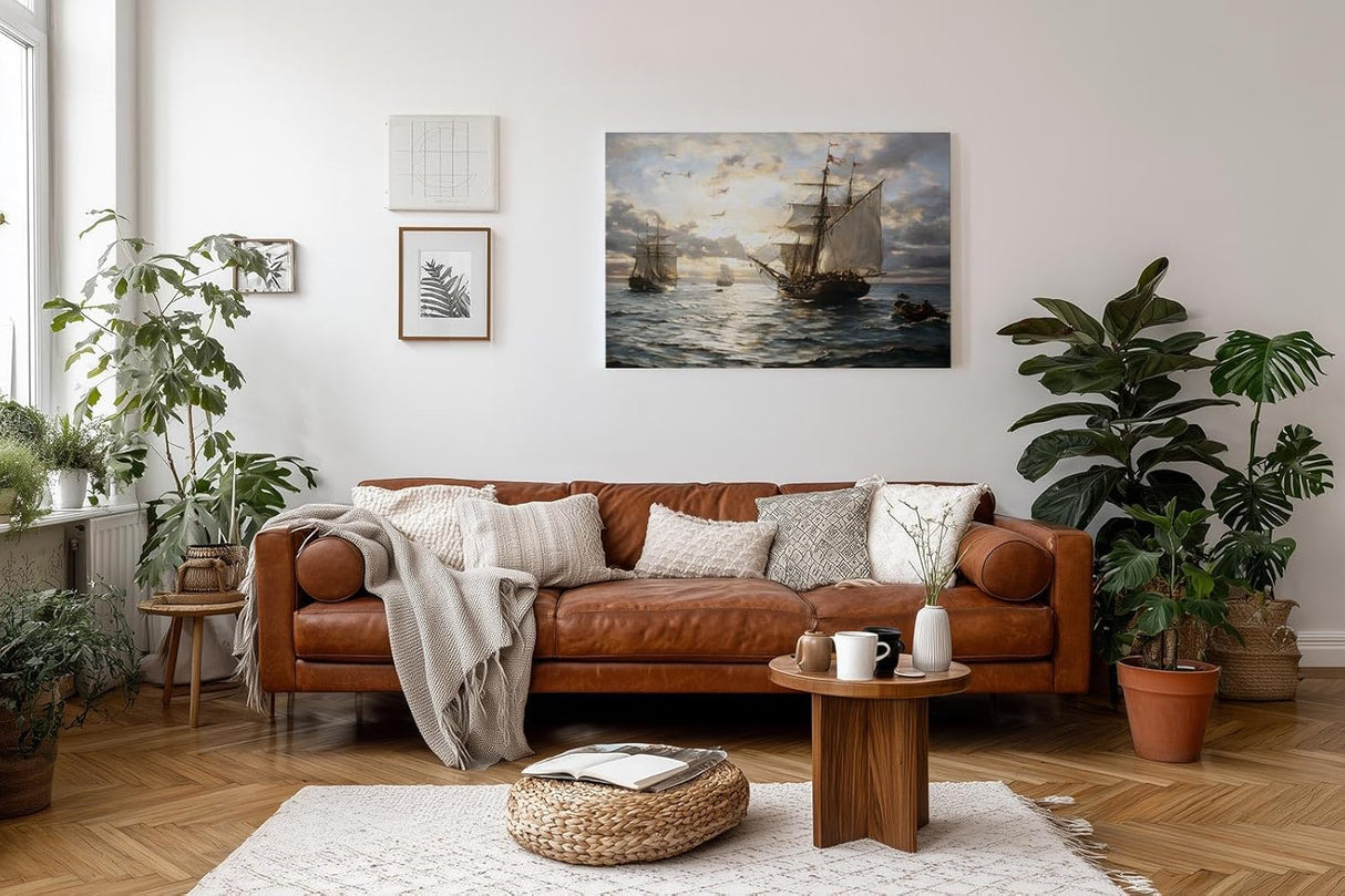Sinus Art Wandbild 120x80cm Romantische Seeszene mit alten Segelschiffen, Möwen und Abendstimmung auf ruhiger Wasserfläche