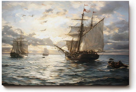 Sinus Art Wandbild 120x80cm Romantische Seeszene mit alten Segelschiffen, Möwen und Abendstimmung auf ruhiger Wasserfläche