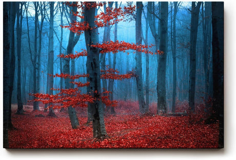 Sinus Art Wandbild 120x80cm Roter Baum vor blauem Nebel – geheimnisvoll, künstlerisch und emotional wirkungsvoll
