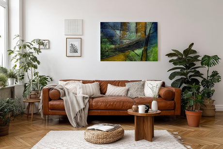 Sinus Art Wandbild 120x80cm Schräge Linien und Flächen in Blau, Grün, Ocker und Schwarz mit Texturwirkung