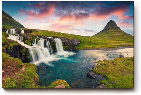 Sinus Art Wandbild 120x80cm Spektakuläres Zusammenspiel von Wasserfall, Berg und Himmel in Island