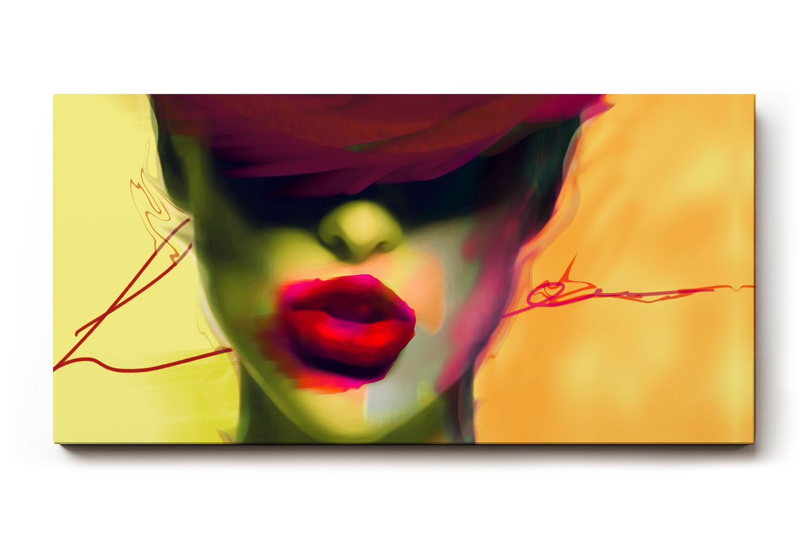 Sinus Art Wandbild 120x80cm Starke Frauenfigur mit roten Lippen und abstrakter Farbgestaltung im Neonstil