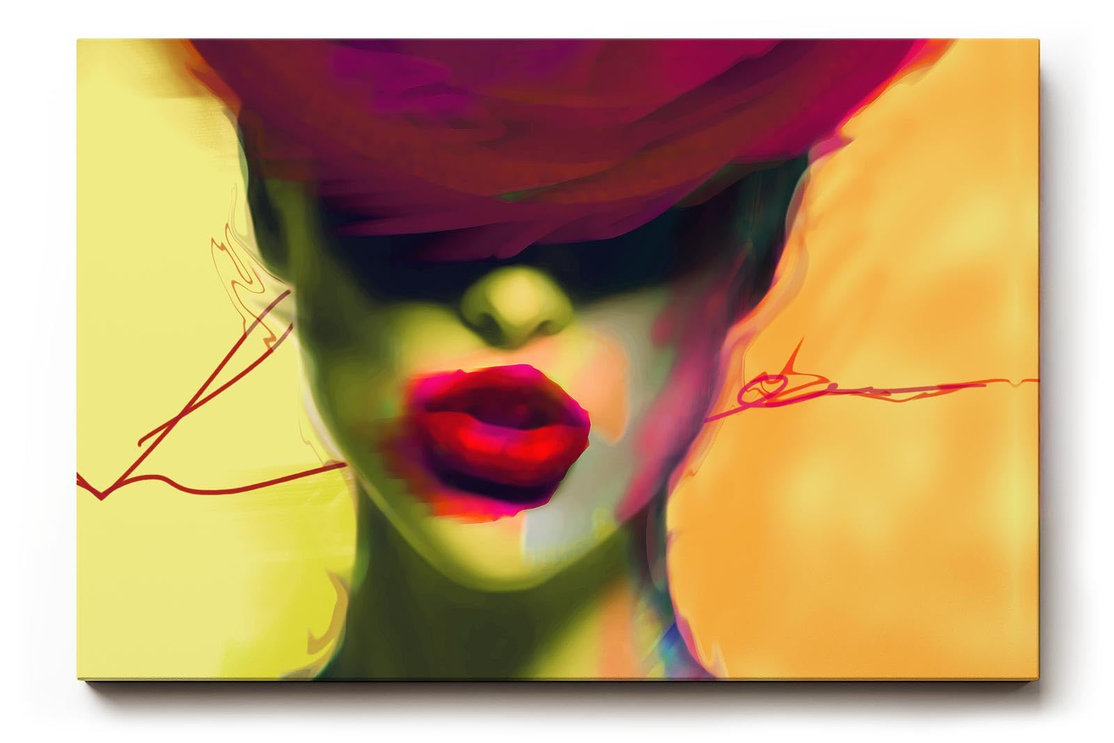 Sinus Art Wandbild 120x80cm Starke Frauenfigur mit roten Lippen und abstrakter Farbgestaltung im Neonstil