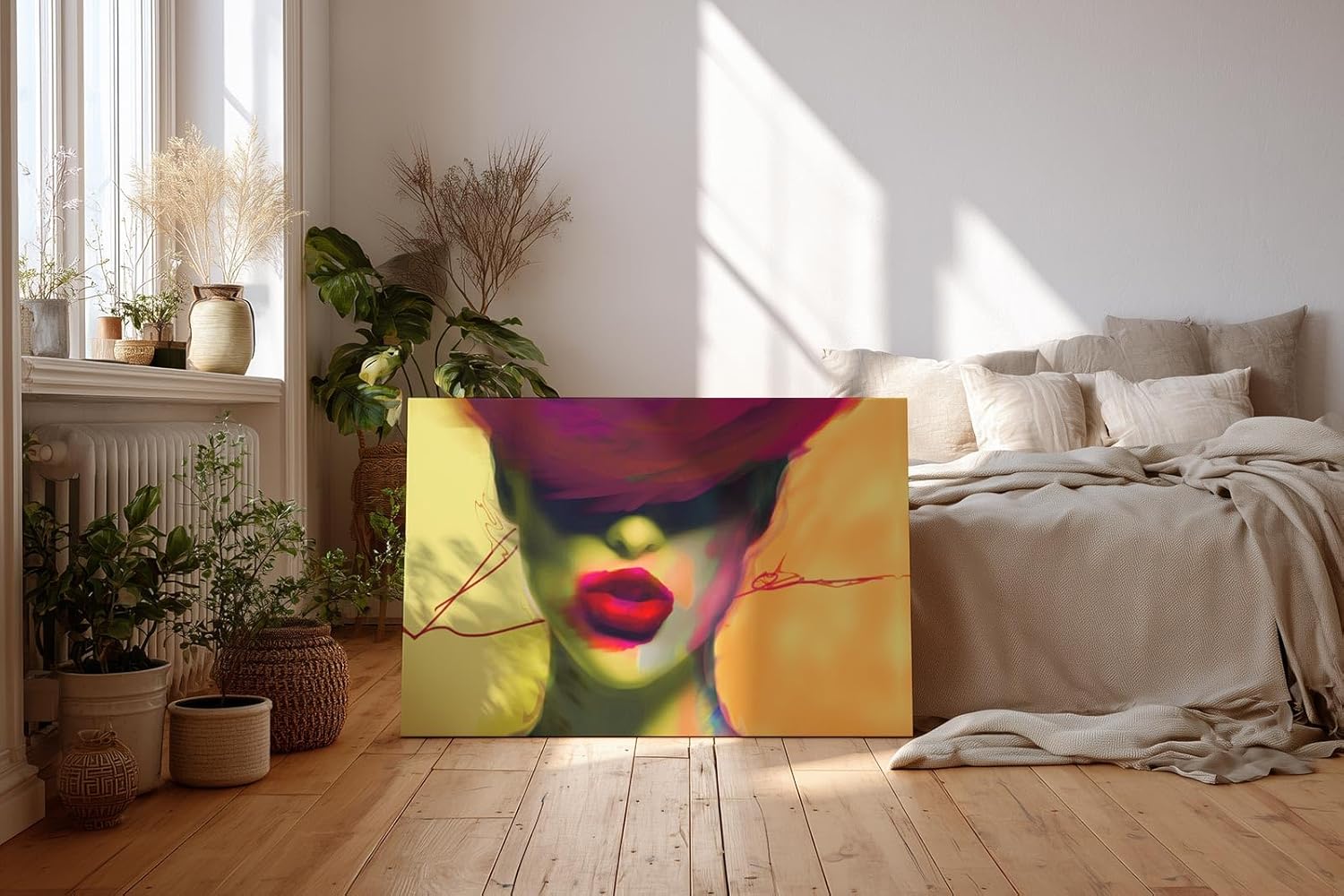 Sinus Art Wandbild 120x80cm Starke Frauenfigur mit roten Lippen und abstrakter Farbgestaltung im Neonstil