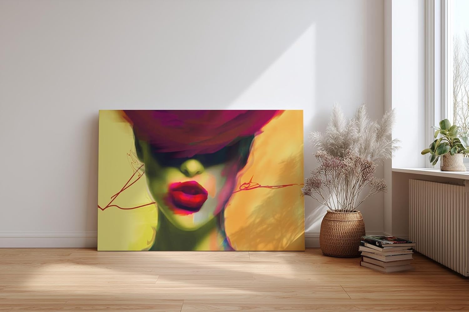 Sinus Art Wandbild 120x80cm Starke Frauenfigur mit roten Lippen und abstrakter Farbgestaltung im Neonstil