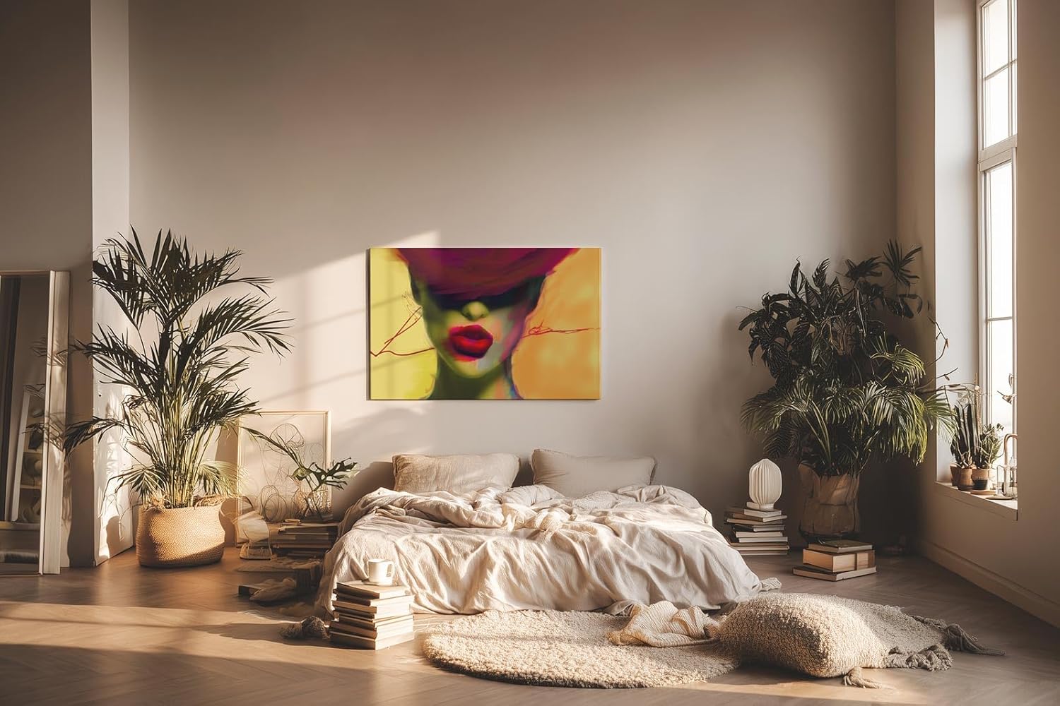 Sinus Art Wandbild 120x80cm Starke Frauenfigur mit roten Lippen und abstrakter Farbgestaltung im Neonstil