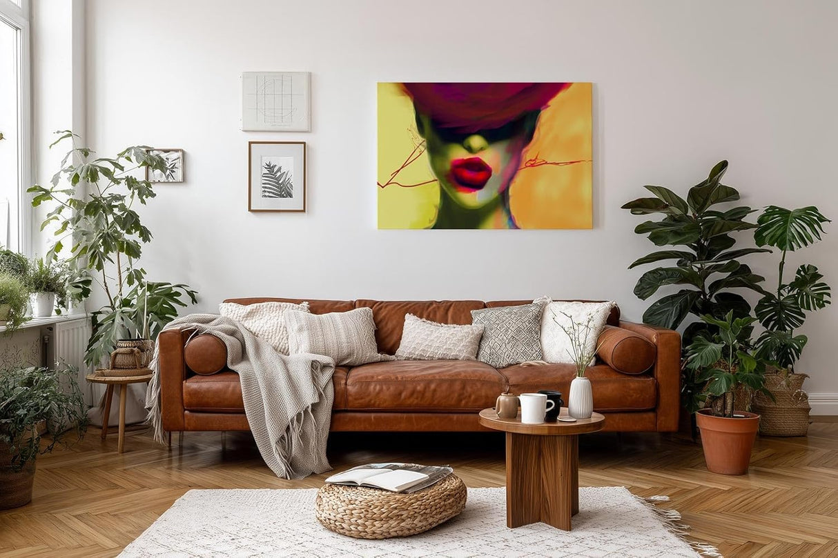 Sinus Art Wandbild 120x80cm Starke Frauenfigur mit roten Lippen und abstrakter Farbgestaltung im Neonstil