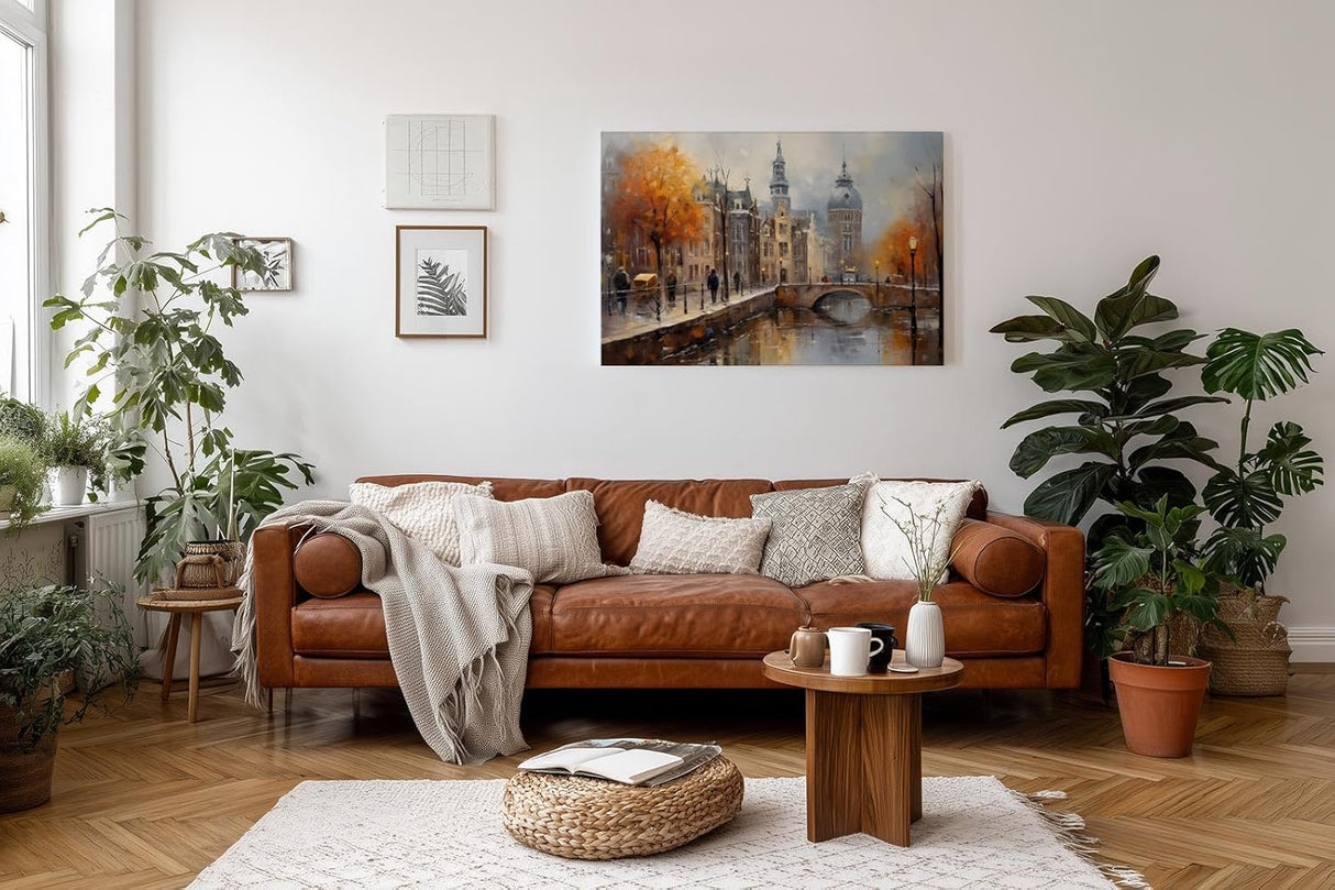 Sinus Art Wandbild 120x80cm Stimmungsvolle Darstellung von Amsterdam mit Kanal Brücke und Altstadt bei herbstlichem Licht