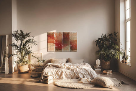 Sinus Art Wandbild 120x80cm Strahlenförmige Elemente in Rot und Weiß mit dynamischer Linie auf gemustertem Hintergrund
