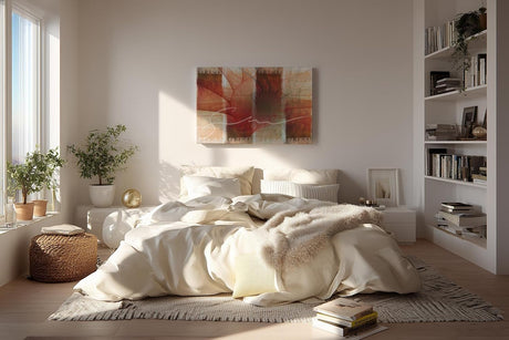 Sinus Art Wandbild 120x80cm Strahlenförmige Elemente in Rot und Weiß mit dynamischer Linie auf gemustertem Hintergrund