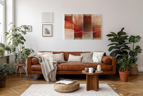 Sinus Art Wandbild 120x80cm Strahlenförmige Elemente in Rot und Weiß mit dynamischer Linie auf gemustertem Hintergrund