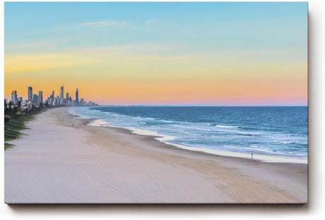 Sinus Art Wandbild 120x80cm Strand und Skyline in perfekter Balance – modernes Motiv zwischen Natur und Stadt