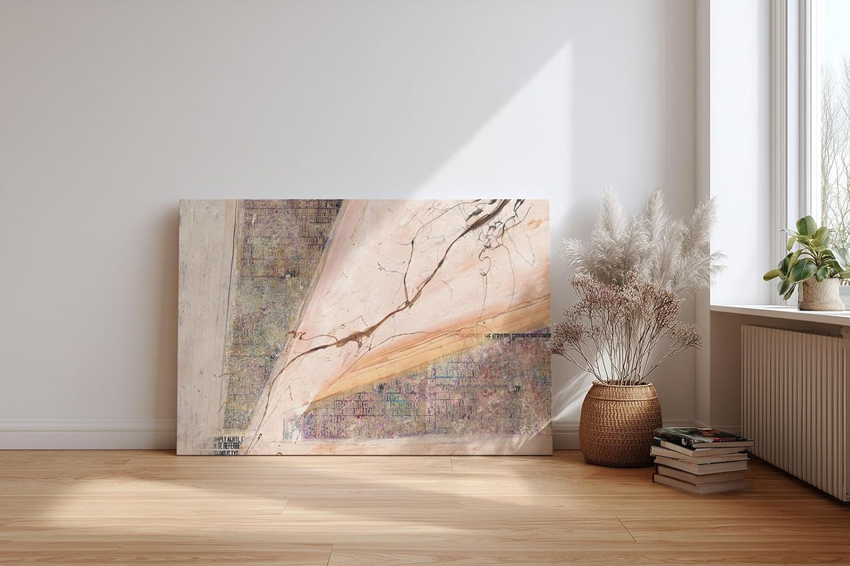 Sinus Art Wandbild 120x80cm Textcollage mit sanftem Verlauf in Beige, Rosa und zarten Lila-Tönen