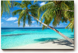 Sinus Art Wandbild 120x80cm Tropischer Strand mit weißen Sand und schattenspendenden Palmen als Urlaubsidyll
