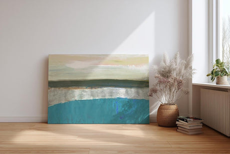 Sinus Art Wandbild 120x80cm Türkis, Beige und sanfte Grau- und Rosatöne bilden eine abstrakte Meereslandschaft