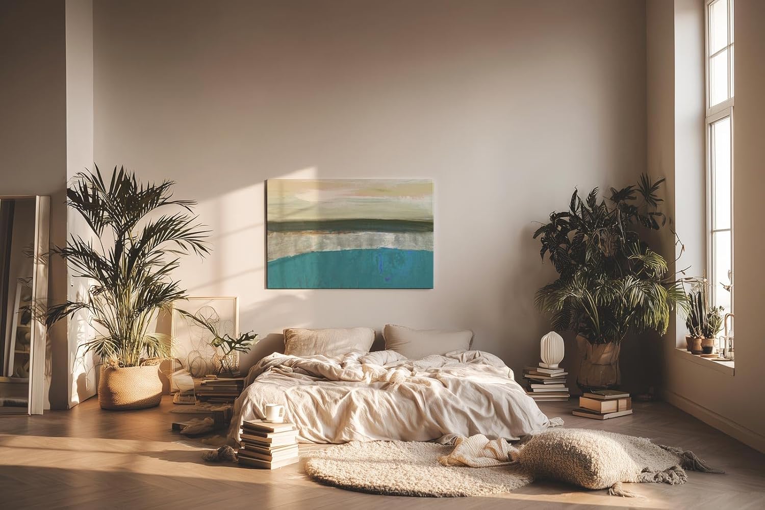 Sinus Art Wandbild 120x80cm Türkis, Beige und sanfte Grau- und Rosatöne bilden eine abstrakte Meereslandschaft