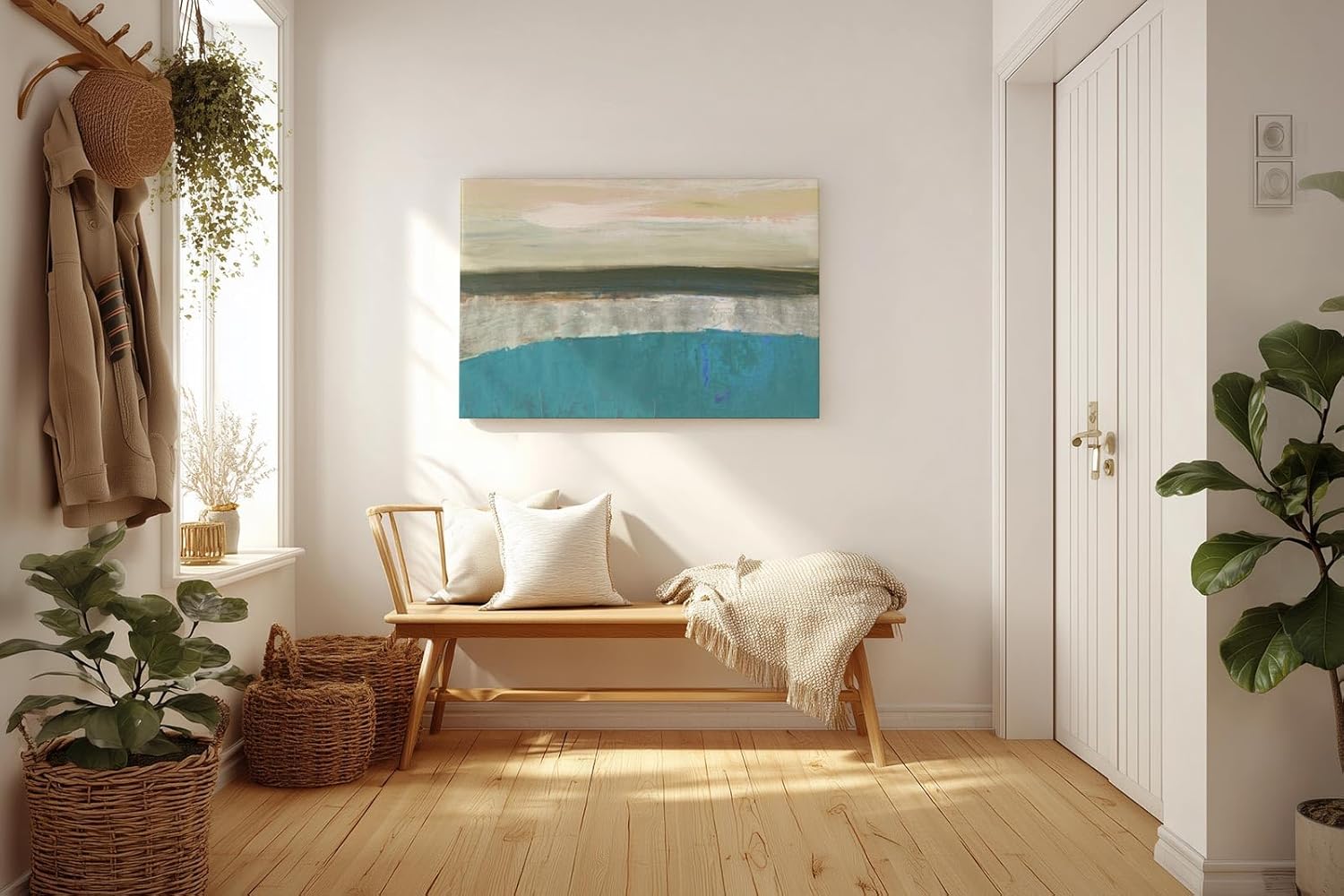 Sinus Art Wandbild 120x80cm Türkis, Beige und sanfte Grau- und Rosatöne bilden eine abstrakte Meereslandschaft