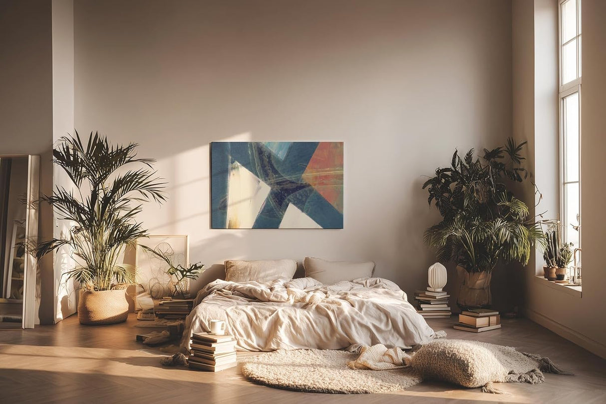 Sinus Art Wandbild 120x80cm Überschneidende Dreiecke in Blau, Weiß und Orange mit pastosen Farbspuren