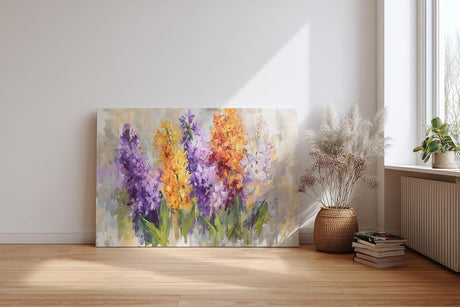 Sinus Art Wandbild 120x80cm Vielfarbige Blütengruppen in Lila Orange Weiß und Gelb – lebendig und künstlerisch interpretiert