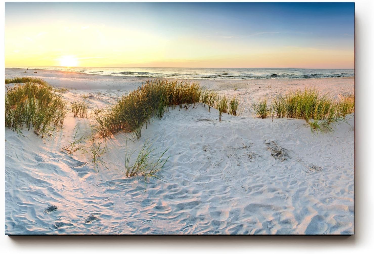 Sinus Art Wandbild 120x80cm Weiße Dünen mit Gräsern bei sanftem Sonnenlicht für beruhigende Raumwirkung