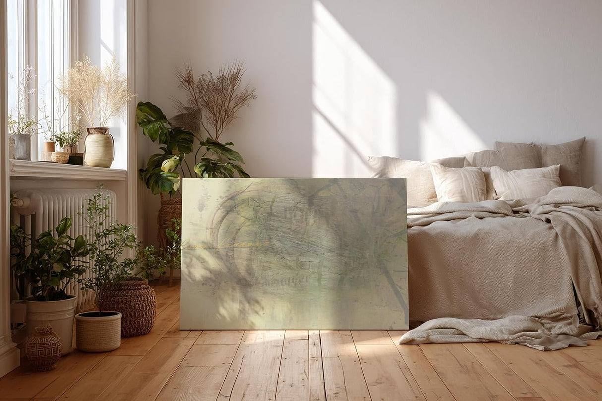Sinus Art Wandbild 120x80cm Zart abstrahierte Formen in Beige- und Grüntönen mit subtiler Typografie