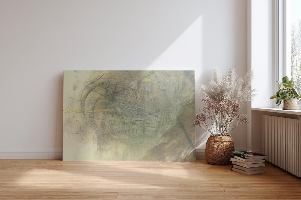 Sinus Art Wandbild 120x80cm Zart abstrahierte Formen in Beige- und Grüntönen mit subtiler Typografie