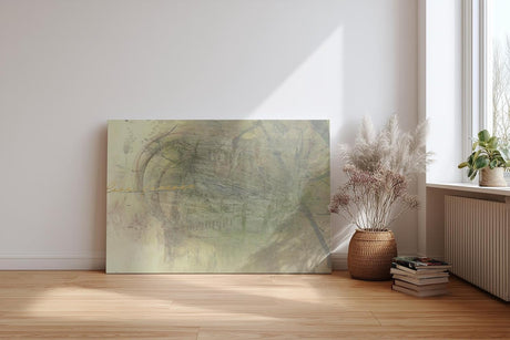 Sinus Art Wandbild 120x80cm Zart abstrahierte Formen in Beige- und Grüntönen mit subtiler Typografie