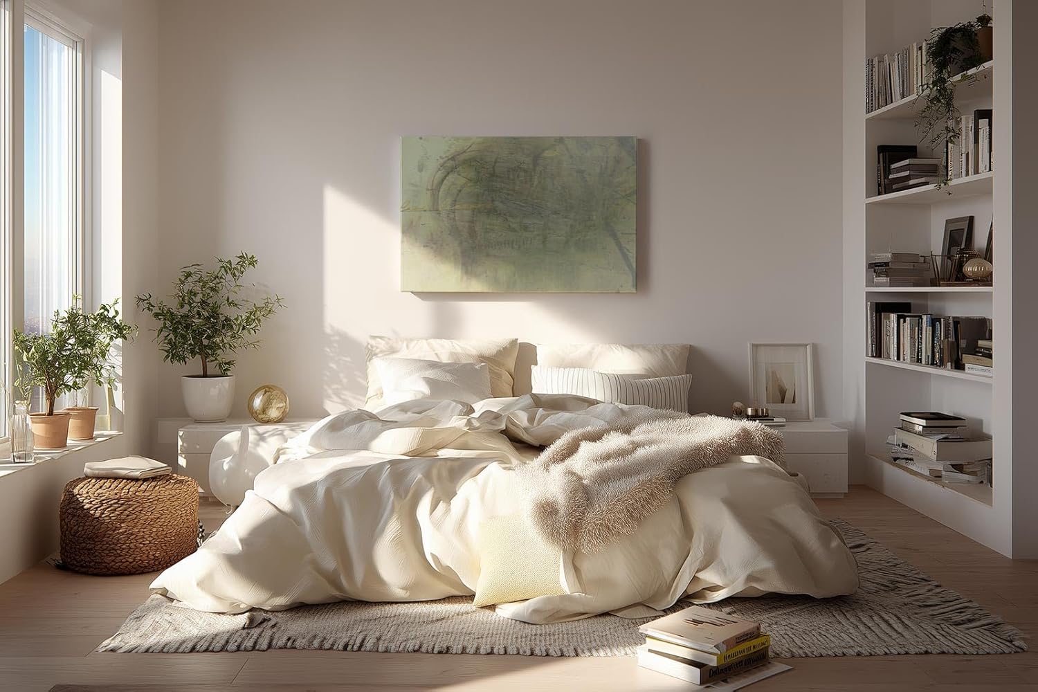 Sinus Art Wandbild 120x80cm Zart abstrahierte Formen in Beige- und Grüntönen mit subtiler Typografie