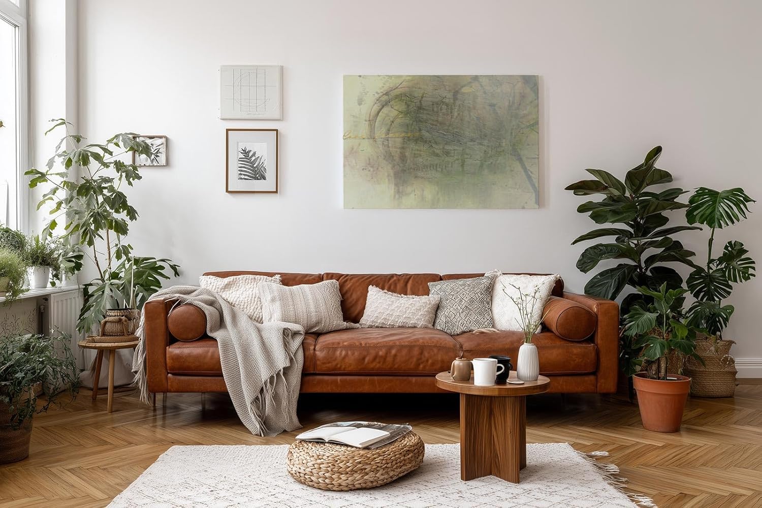 Sinus Art Wandbild 120x80cm Zart abstrahierte Formen in Beige- und Grüntönen mit subtiler Typografie