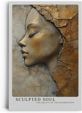 Paul Sinus Leinwandbild 80x120cm skulpturales Frauenporträt mit goldener Textur und abstrakter Tiefe – kunstvolles Leinwandbild für moderne Raumgestaltung