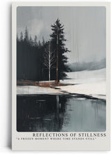 Paul Sinus Leinwandbild 80x120cm Spiegel der Stille – Minimalistische Winterlandschaft mit ruhigem Wasser, monochromer Farbe