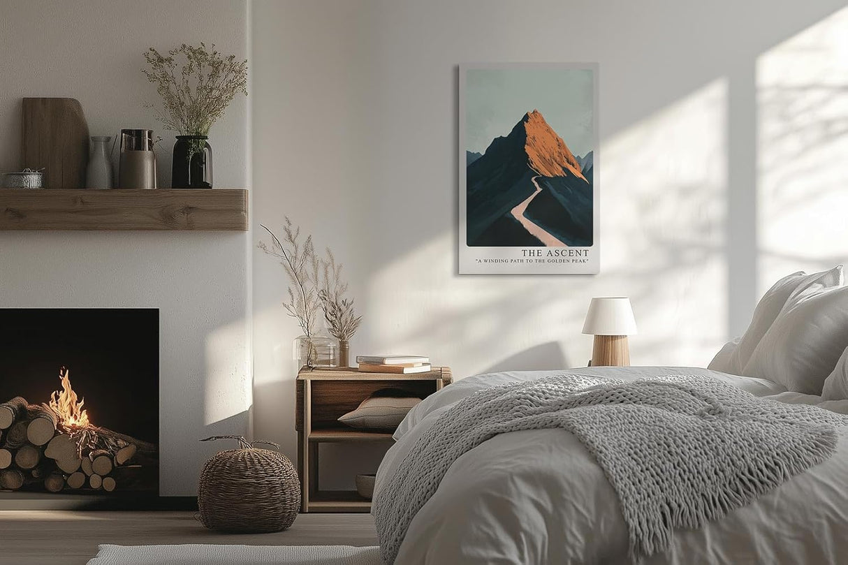 Paul Sinus Leinwandbild 80x120cm stilisierte Berglandschaft mit goldenem Gipfel und abstrakter Tiefe – kunstvolles Leinwandbild für moderne Raumgestaltung