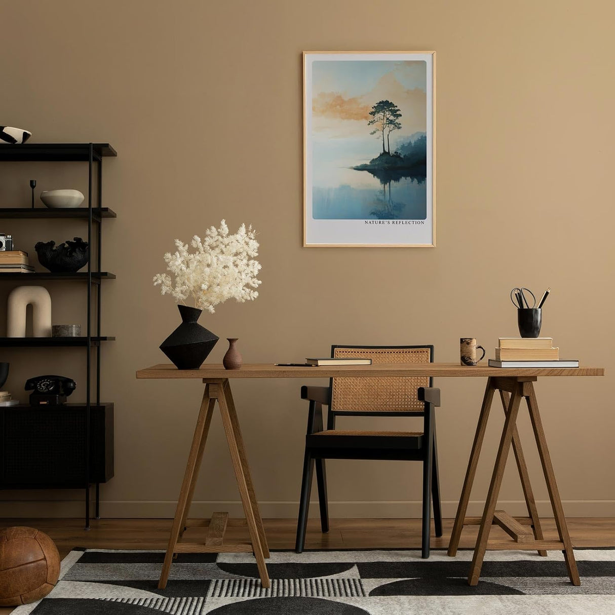 Paul Sinus Leinwandbild 80x120cm Stille Natur – Malerische Landschaft mit einsamem Baum und Spiegelung im ruhigen Wasser, sanfte Farben