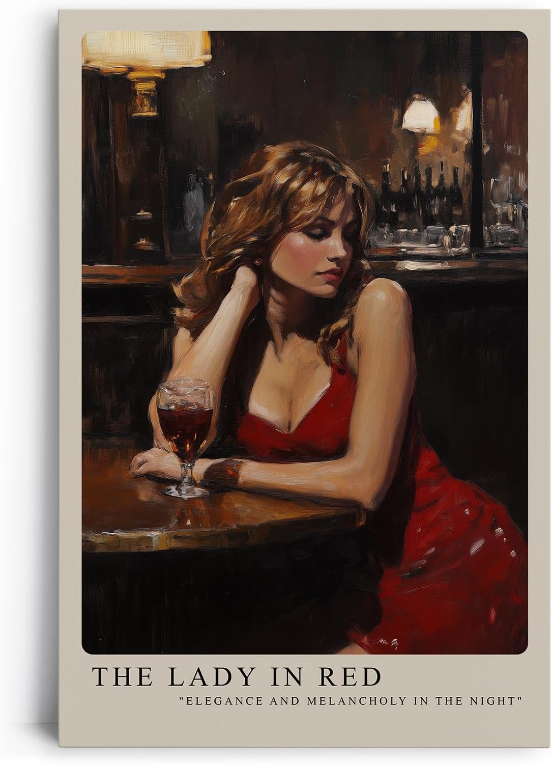Paul Sinus Leinwandbild 40x60cm The Lady in Red – Sinnliches Leinwandbild einer melancholischen Frau in rotem Kleid in einer stilvollen Bar