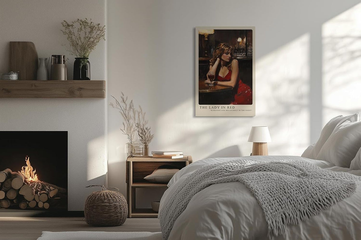 Paul Sinus Leinwandbild 40x60cm The Lady in Red – Sinnliches Leinwandbild einer melancholischen Frau in rotem Kleid in einer stilvollen Bar