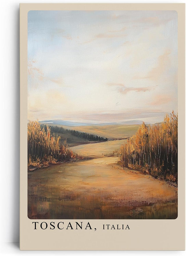 Paul Sinus Leinwandbild 60x90cm Toskana Idylle – Weite mediterrane Landschaft mit goldenem Licht und warmen Erdtönen