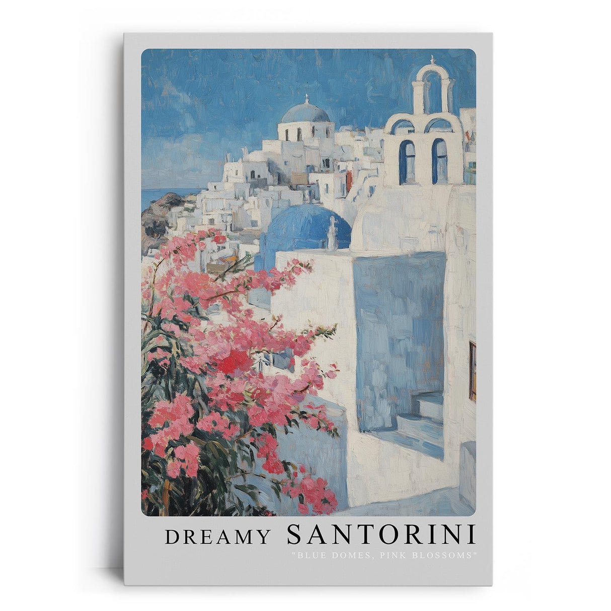 Paul Sinus Leinwandbild 60x90cm Traumhaftes Santorini – Weiß-blaue Architektur mit rosa Blüten und mediterraner Leichtigkeit